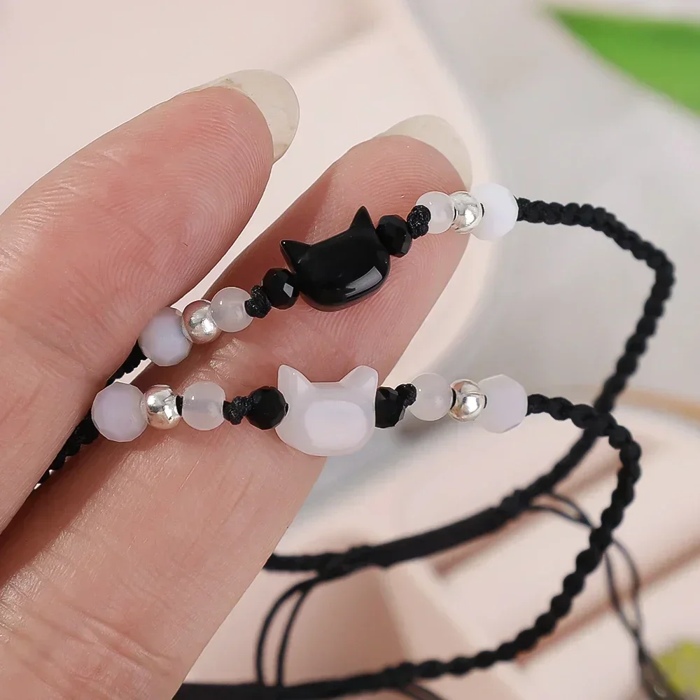 Couples Minimalist Bracelets - 2pcs Natural Moonstone Obsidian  Cat Jewelry Gifts