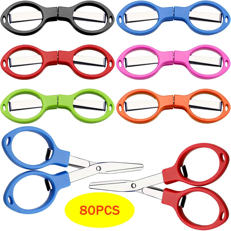 

80Pcs Folding Scissors Mini Travel Scissors Stainless Steel Glasses Shape Rust-proof Sewing Scissors For Travel School Offices