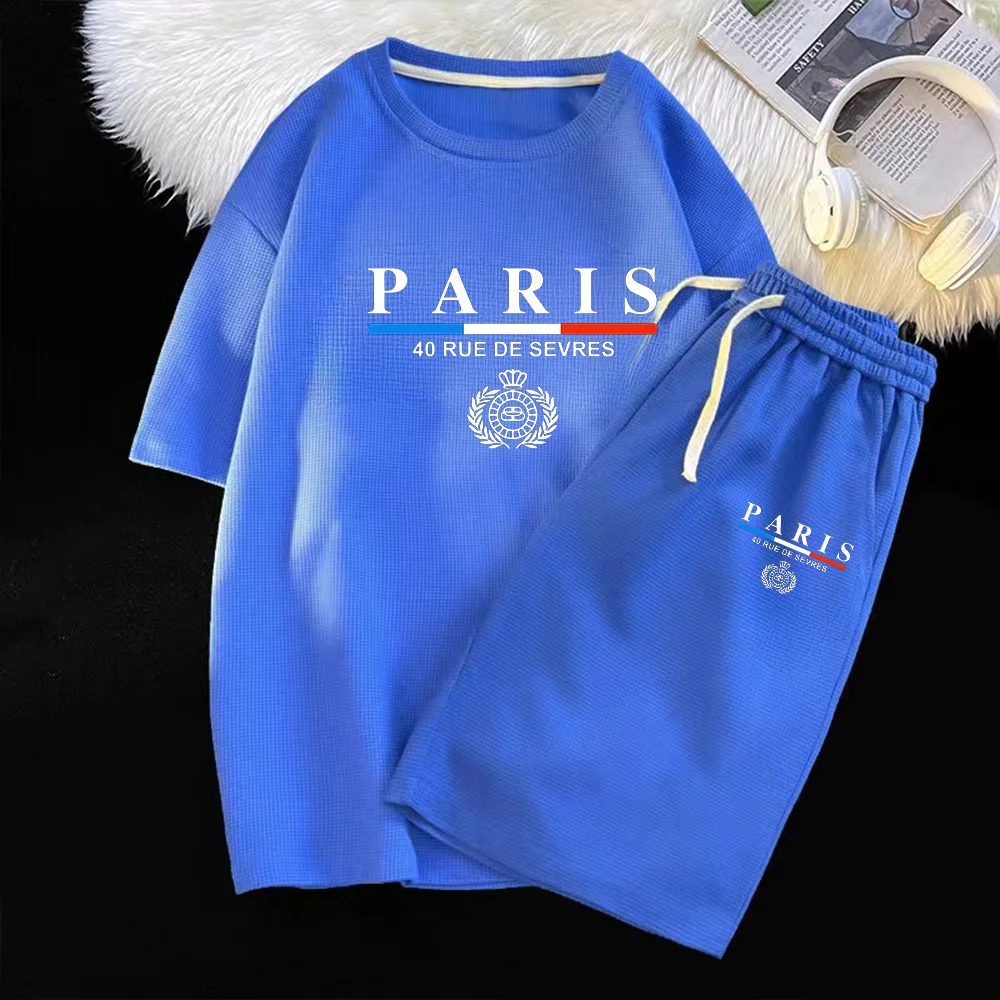 Conjunto de dos piezas de camiseta y pantalones cortos de manga corta con estampado de lujo de marca para hombre, traje informal para correr con estampado de gofres, ropa de entrenamiento de verano M-