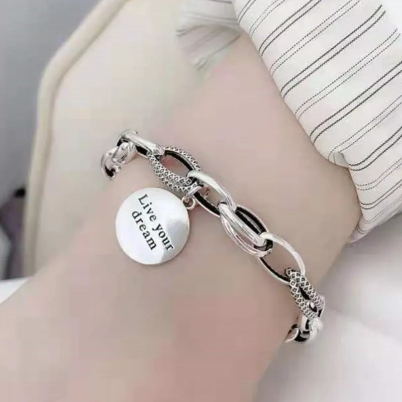 Retro Thai Silver Round Letter Pendant Bracelets for Men Women Hip Hop Thick Heart Charm Chain Party Jewelry Couple Gifts