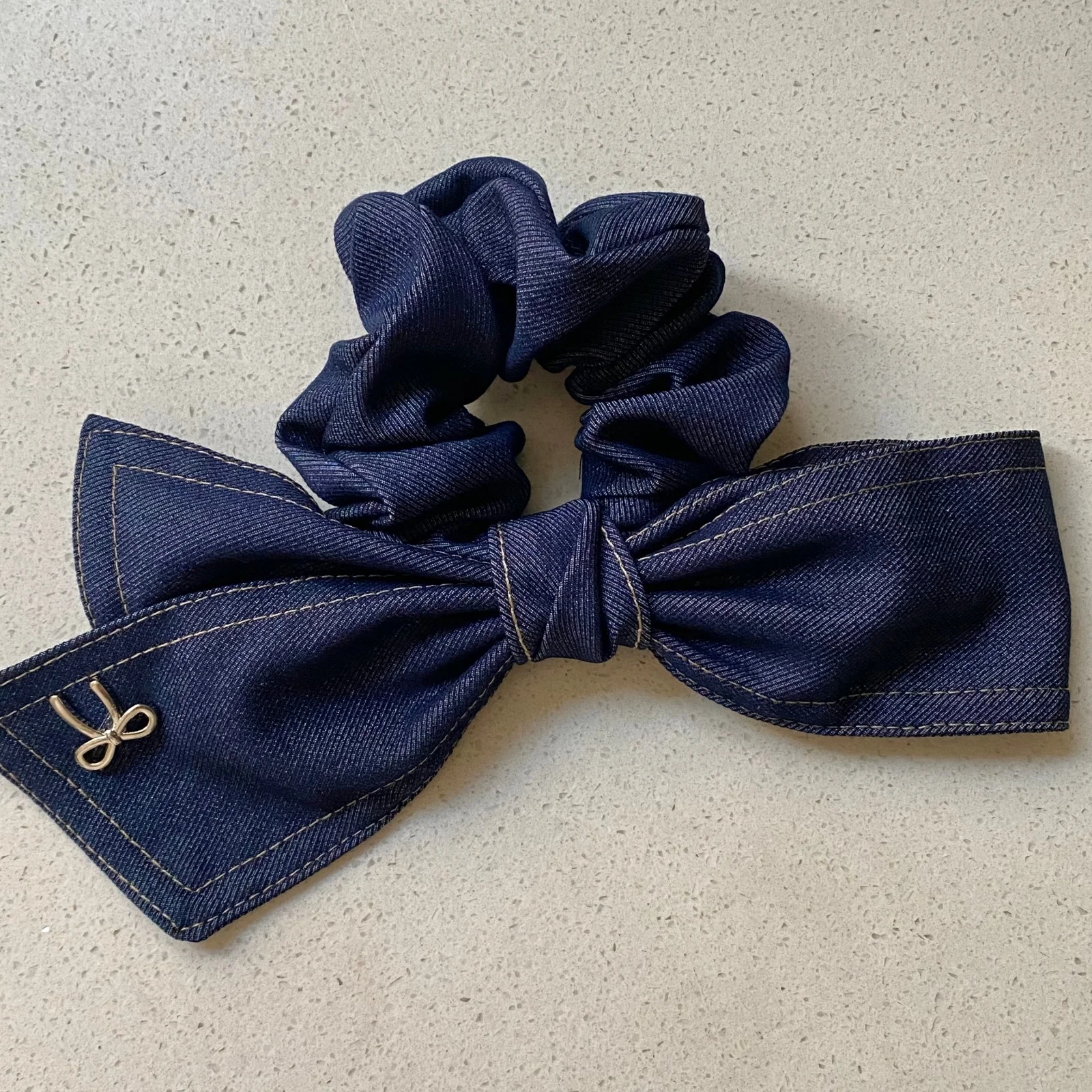 1PC Denim Bow Scrunchies Set, Blue & Brown Casual Hair Ties, Y2K Style Elastic Hair Bands For Women, Stylish Button Decor Hair
