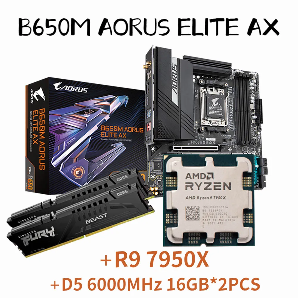 Am5 Motherboard B650 Combo Gigabyte B650m Aorus Elite Ax + Ryzen 7 7950x + Kingston Ram Ddr5