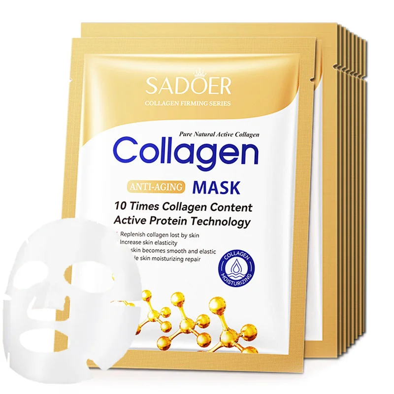 10pcs SADOER Collagen Face Mask Moisturizing Firming Hydrating Brightening skincare Face Sheet Mask Facial Masks Skin Care 1kg natural pure small particles seaweed algae collagen facial mask wholesale bulk hydrating moist shrink pores beauty skincare