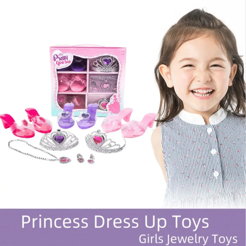 Necklace Crown Princess Dress Up Toys Pretend Play Earrings Bracelet Girls Jewelry Toys Role Play Makeup Crystal Shoes Toy