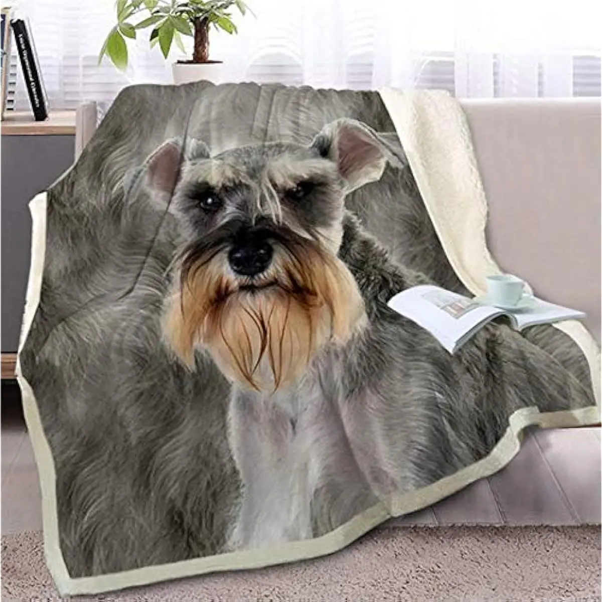 

RKZM Schnauzer Blanket On The Bed Sofa 3D Dog Sherpa Blanket Animal Bed Cover Gray Fur Thin Quilt 150 * 200Cm