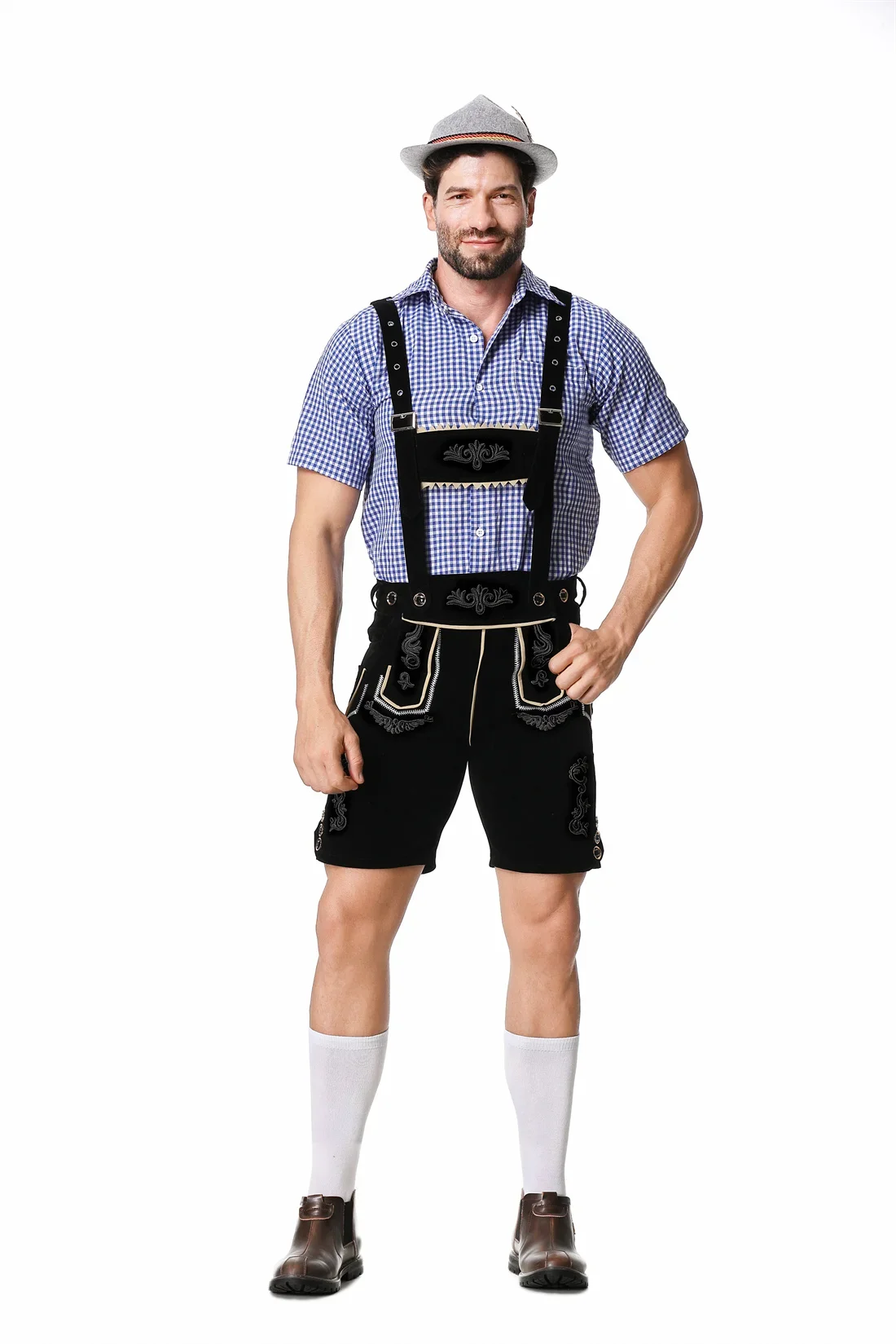 Cosplay Costume Men Festival Costume Set Male German Oktoberfest Lederhosen Costume Short Sleeve Suspenders Rompers Shirt Hat Bavarian Beer Festival Men Cosplay Outfit