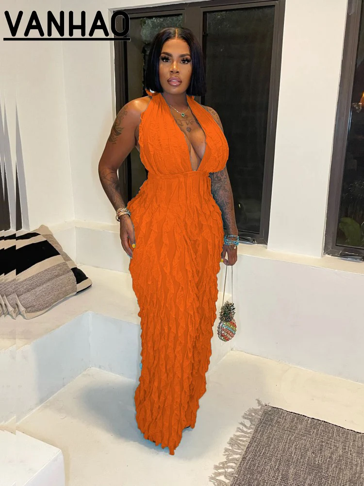 

Летние Новые повседневные Длинные Комбинезоны VANHAO с высокой талией и запахом, женские комбинезоны без рукавов с глубоким V-образным вырезом, комбинезоны, оптовая продажа, Прямая поставка