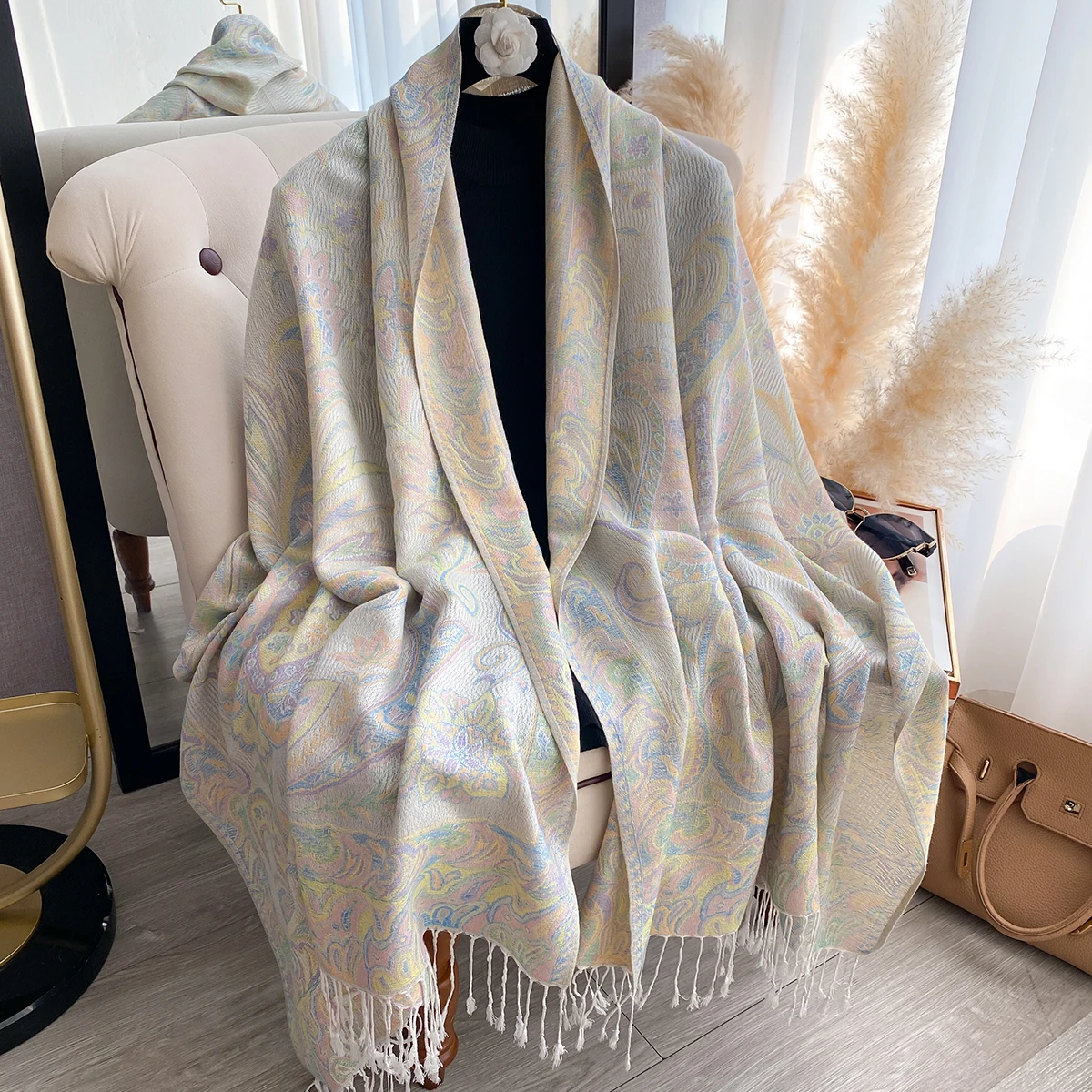 Luxury Winter Cashmere Scarf for Women - Printed Tasseled Shawl, Embroidered Pareo Cape & Elegant Chunky Headscarf