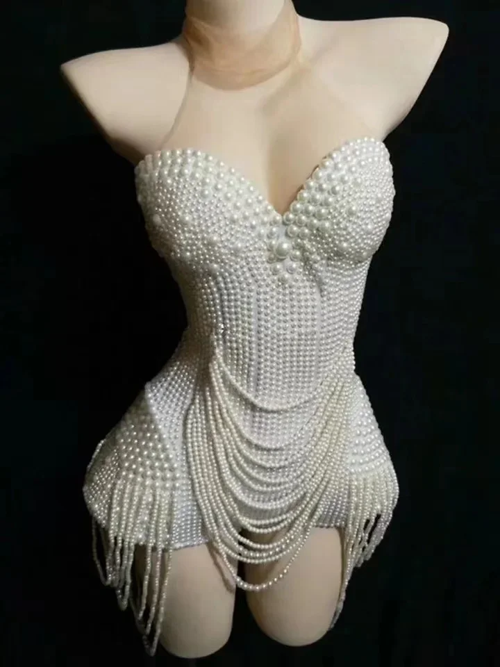 

Nightclub Singer Dancer Performance Stage Wear White Beaded Pearls Tassel Women Party Bodysuits Sleeveless Mesh Jumpsuits