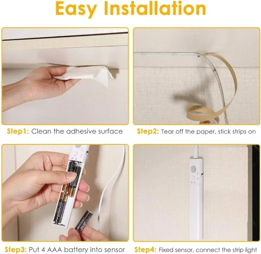 Motion Sensor LED Strip Night Light - Battery Powered & Waterproof for Kitchen, Cabinet, Corridor, and Stair Lighting