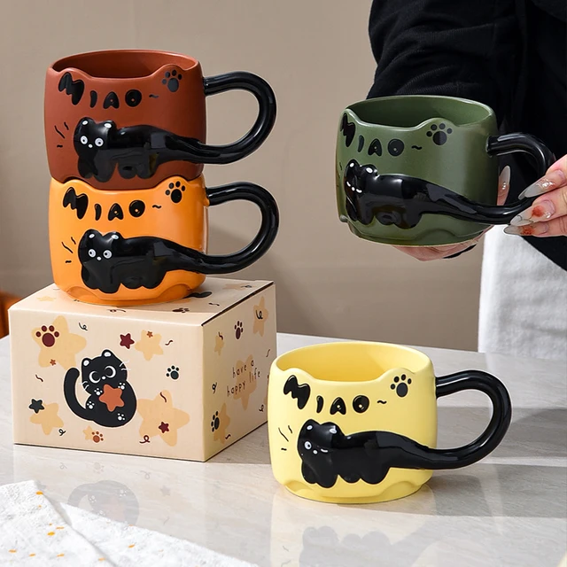 Chat empilable tasse créative mignon dessin animé chat tasse à café en céramique amusant chat queue poignée intégrée tasse Couple tasse d'eau cadeau d'anniversaire 1