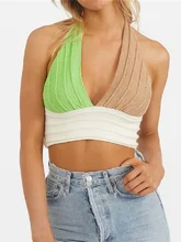 

Women Striped Bandage Crop Tops Women V Neck Backless Sleeveless Knitted Vest Y2K Off Shoulder Female Sexy Tank Tops Camisole