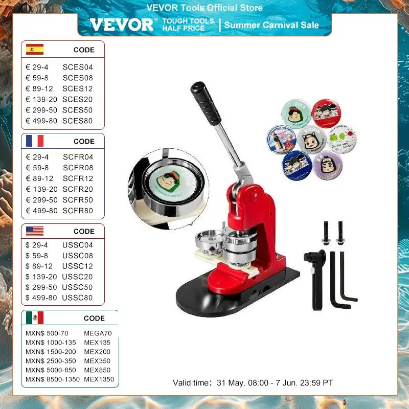 VEVOR 25-75MM Badge Maker Machine DIY Button Pin Broochs Press Making Tool with 500 or 1000Pcs Circle Manufacture Button Parts