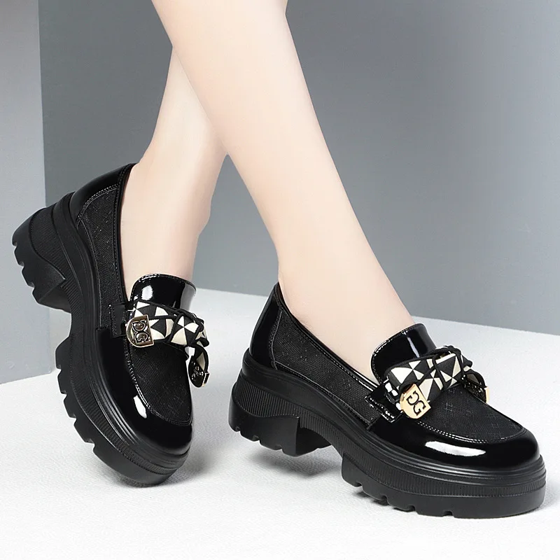 2024 Spring Female Shoes Women Fashion Mary Jane Round Toe Flats Loafers Oxfords Platform Casual Metal Chain Buckle Heels Black - Image 2