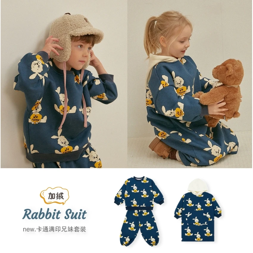 

Fleece Long Sleeve +Pant Children's Clothing Winter Mother Kids Korean Rabbit Print Set Boys Girls Casual Fleecing Hoodie Dress
