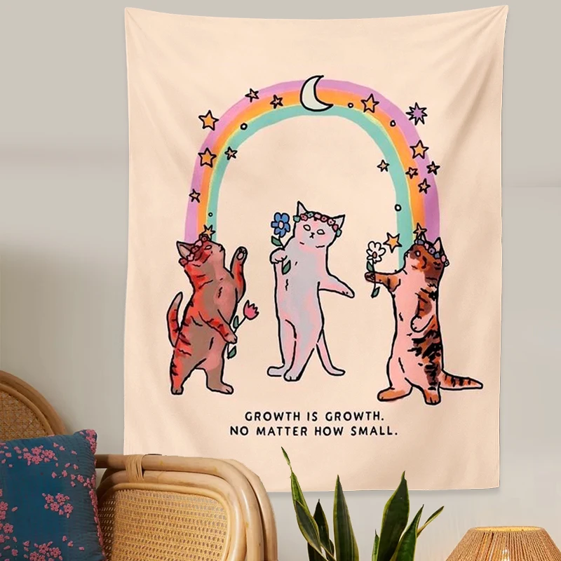 Tapestry Decorations Cute Cat Tapestry sunshine rainbow Wall Hanging Cartoon Cat Bohemian Decoration Home for Living Room Kids Room Bedroom Wall Art