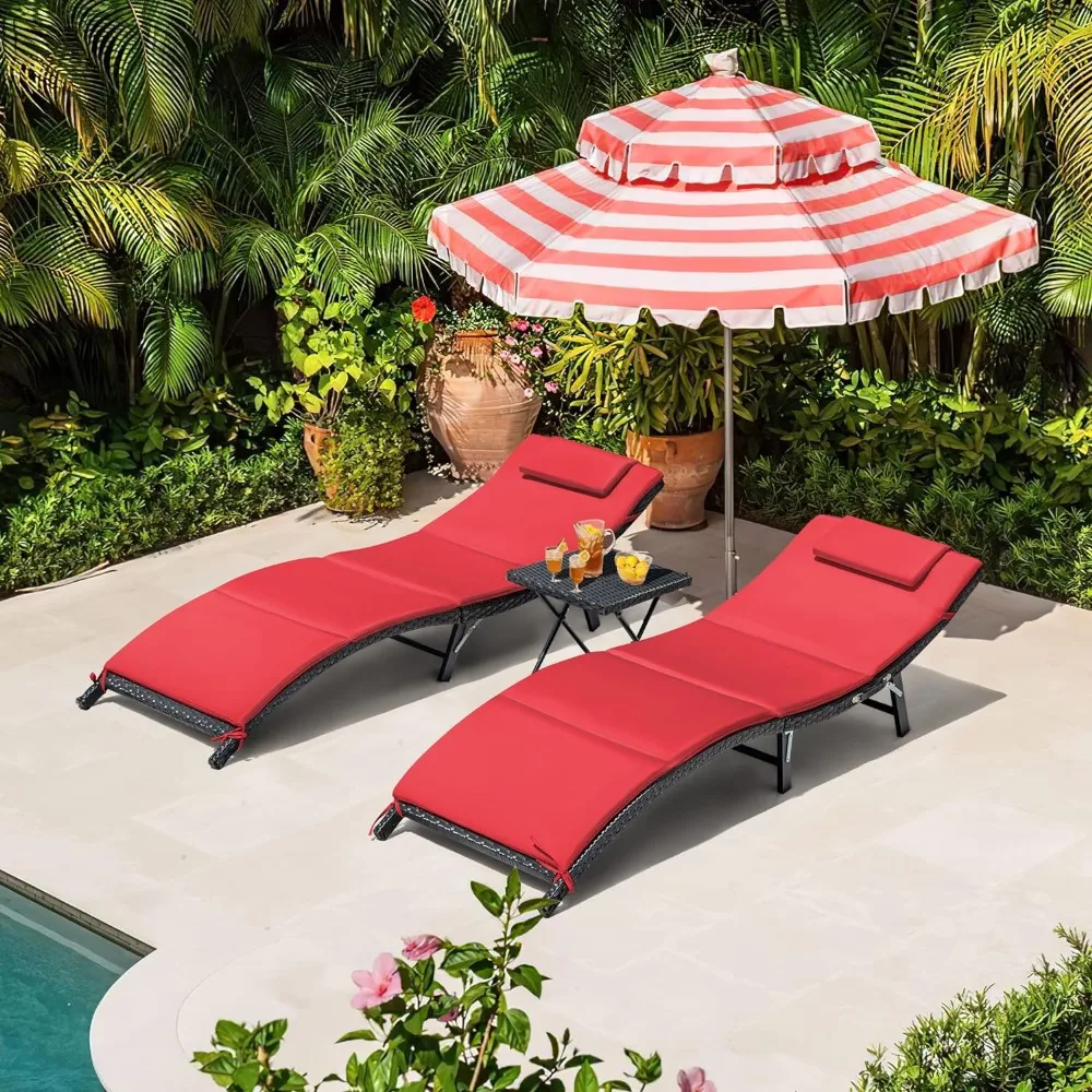 

3 Pieces Lounge Chair Sets Outdoor Beach Pool PE Rattan Reclining Chair With Folding Table and Cushion (Red) Chairs