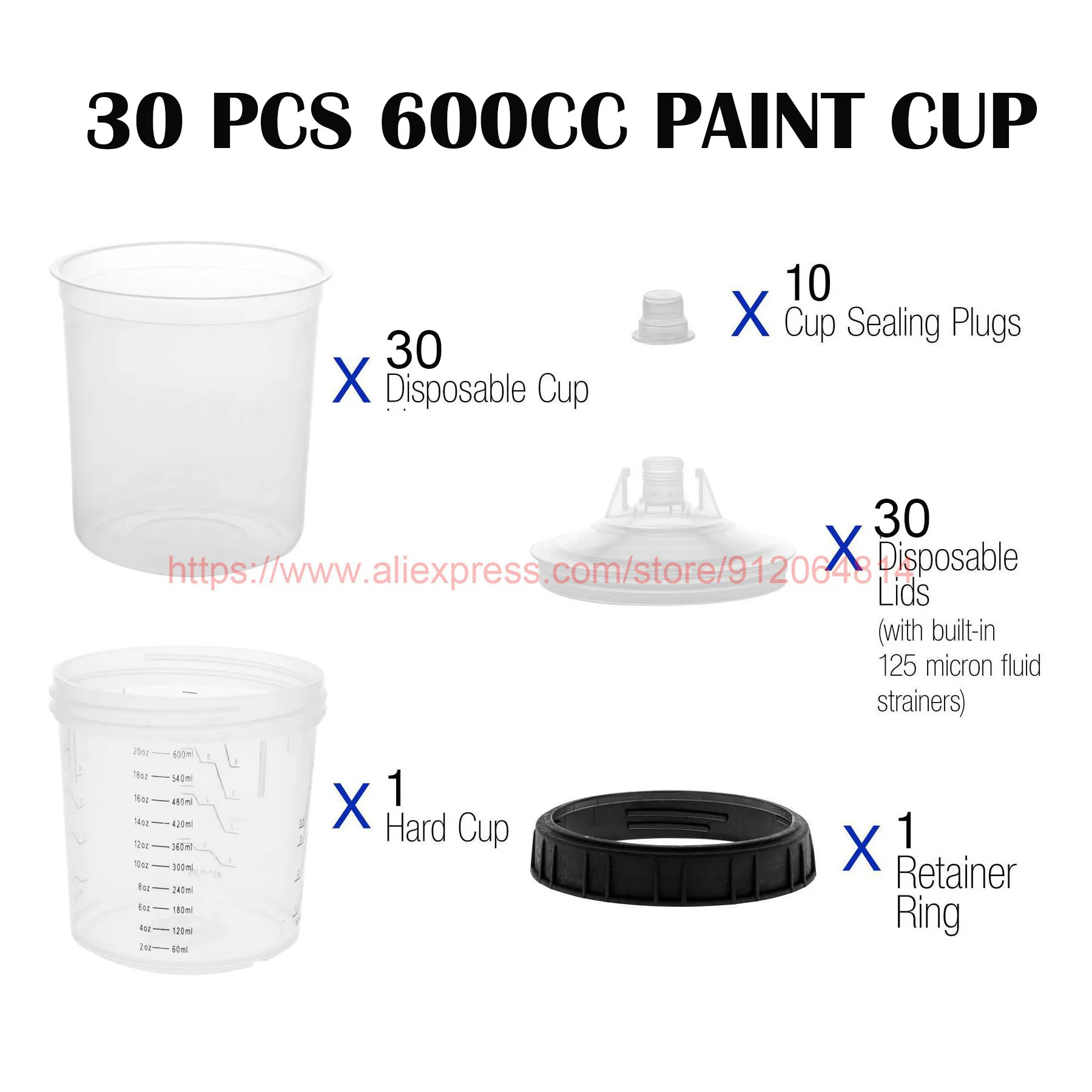 YUZES Disposable Paint Cup System - 50 Liners With Lids, 190-Micron Filters, Adapters For Spray Guns, 600ml