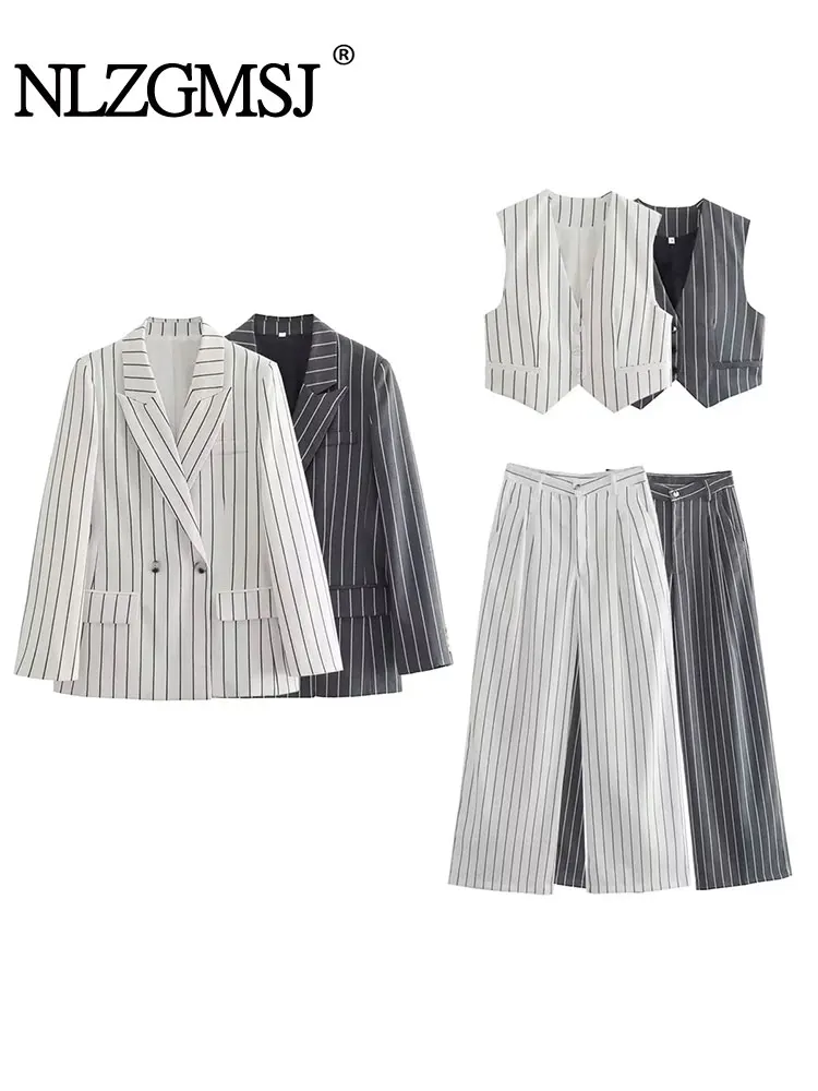 

Nlzgmsj TRAF 3 Piece Women Sets Summer Fashion Vest +Autumn Long Sleeve Pocket Blazer With Casual Pant+commute For Women Blazer