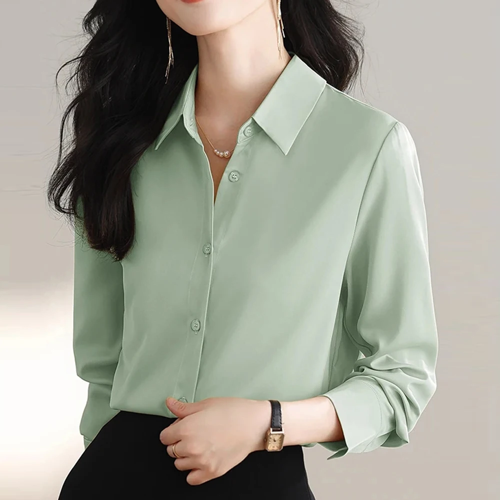 

2023 New Autumn Women Clothing Simplicity Design Satin Shirts Vintage Blouses Women Basic Tops Long Sleeve Office Lady OL Shirts