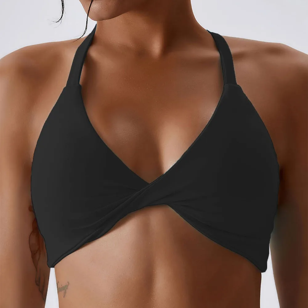 Sports Bra Women Solid Halter Neck High Elastic Removable Padded