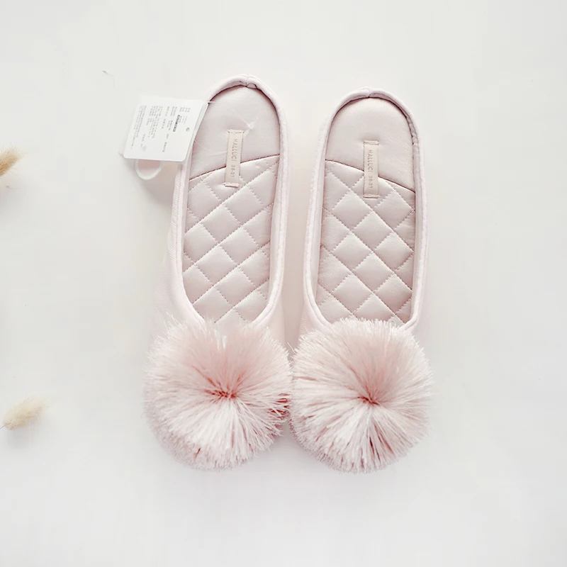 Women Satin Home Slippers With Plush Ball Cat Non-Slip Soft Warm House Indoor Bedroom Girl Memory Foam Floor Shoes — view 6