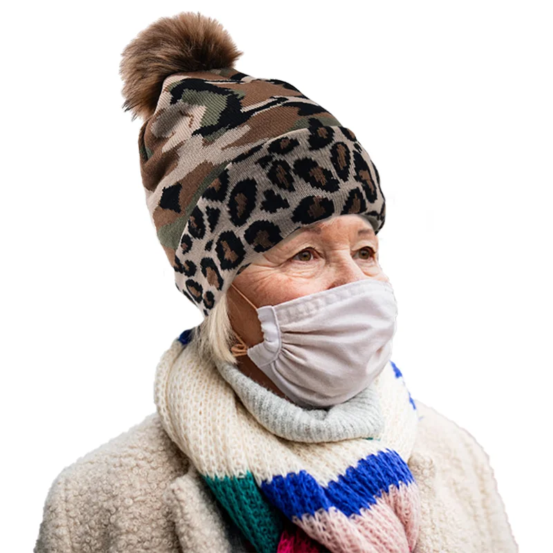 

New Adult Personality Cap Pompom Leopard Pattern Knitted Hats Fashion for Women Warm Ski Sports Hat Unisex Casual Soft Caps