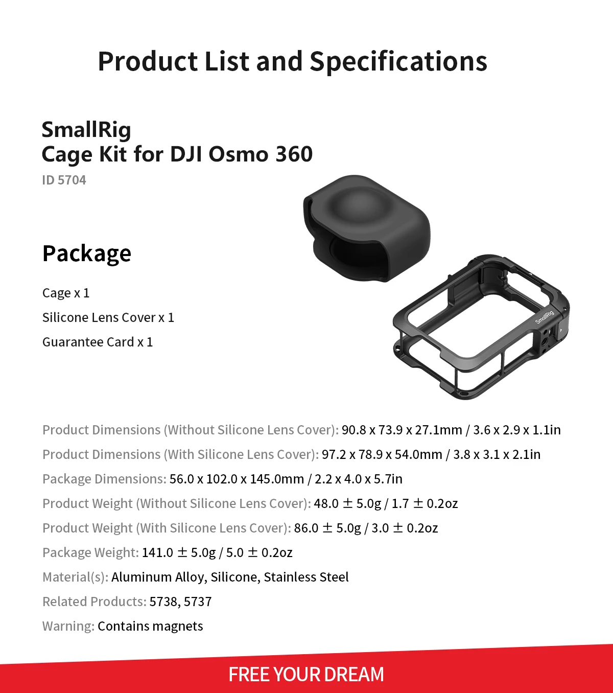 Cage for DJI Osmo 360 with Silicone Lens Cover 1/4"-20 Screw with Anti-Twist Pin