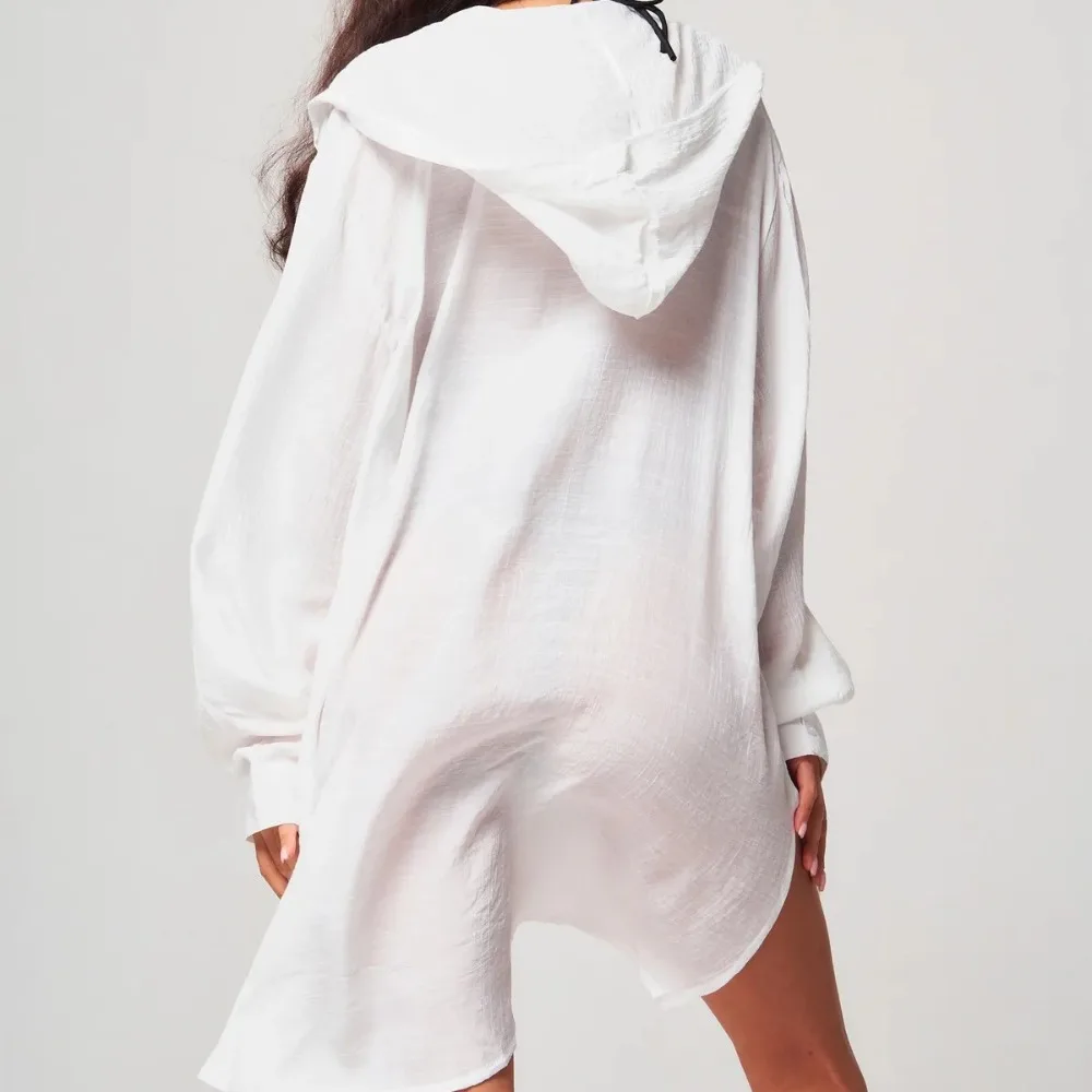 Summer Long Sleeve Button Down Tunic Dress Solid Color Oversized Beach Bikini Cover-up Blouse Tops Vacation Outfit 2