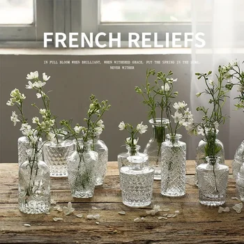 Retro Luxury Embossed Transparent French Glass Vase Home Decoration Living Room Pocket Flower Arrangement Small Vase