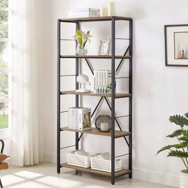 FOLUBAN 3 Tier Bookshelf, Industrial Bookcase and Book Shelves for Bedroom,  Rustic Wood and Metal Shelving Unit for Office, Oak