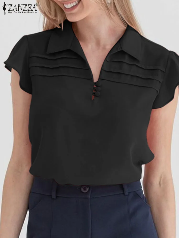 

ZANZEA Women Chiffon Tops Elegant Cap Sleeve Shirt 2024 Spring Office V-neck Buttons Blouse Fashion Solid Casual Loose Tunic