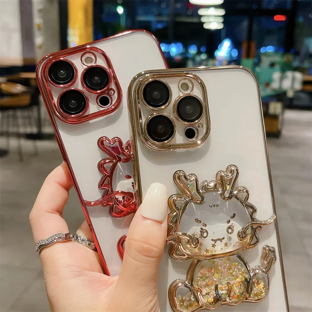 Cartoon Dinosaur Quicksand Case 15 14 13 Pro Max Glitter Gradient Plating Transparent Cover for iPhone 12 11_voghion.com