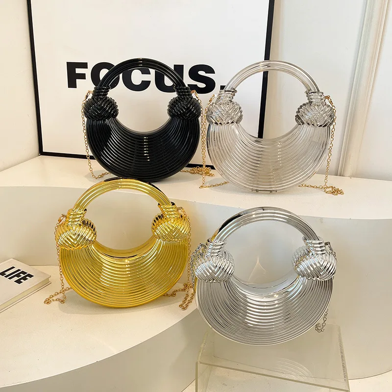 Women Fashion Acrylic Shoudler Bag Gold Silver Box Shape Handbag Women Chain Crossbody Bag High Quality Dinner