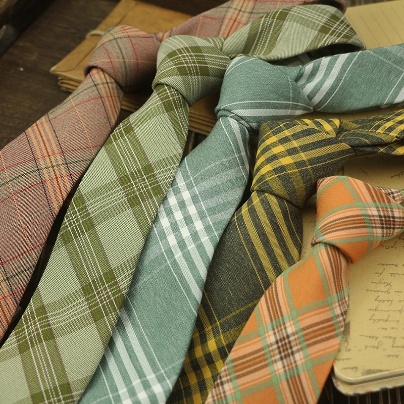 

2024 New Green Plaid Neckties For Men Narrow 6cm Cotton Neck Ties Collar Slim Casual Cravat Handmade Skinny Tie Accessories Gift