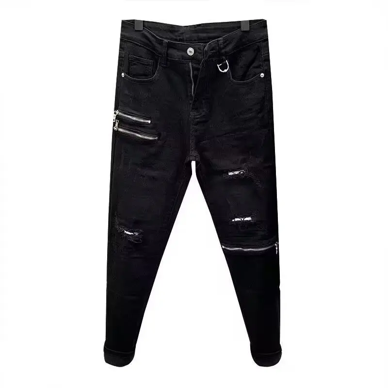 New Black Zipper Men's Fashion Slim Hole Pants Handsome Ripped Skinny Design Straight Trousers