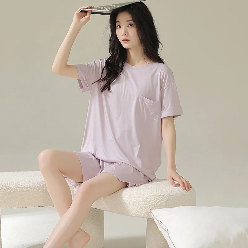 Women's short sleeved shorts pullover Modal pajamas casual breathable plus size girls' home clothes spring and summer_voghion.com