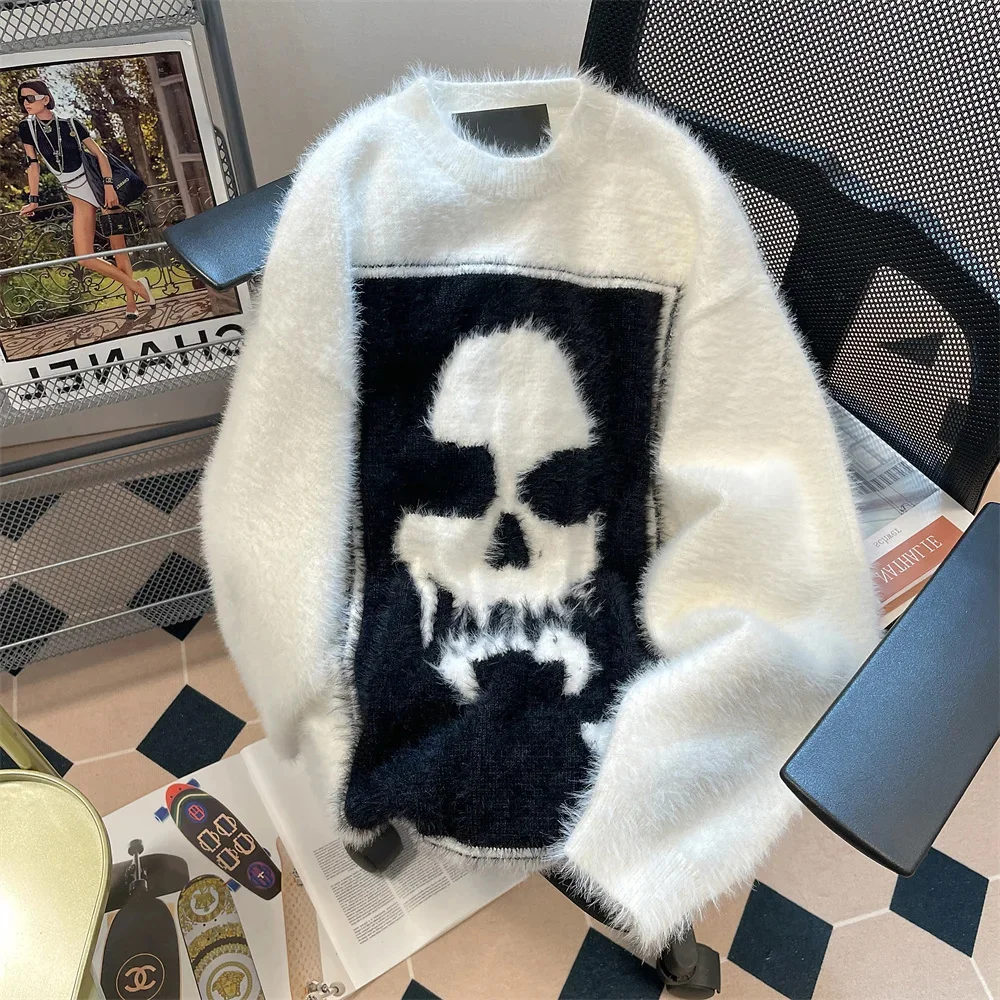 

Harajuku Mohair Skull Oversized Pullover Sweater Men and Women New Y2k Fashion Retro Punk Gothic Thick Knitted Jacket Streetwear