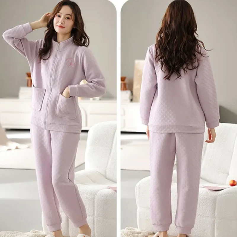 2024 New Autumn Winter Sandwich Pajamas Women's Thick Cotton Cardigan Loungewear Zipper Thin Cotton Air Cotton Sleepwear Set