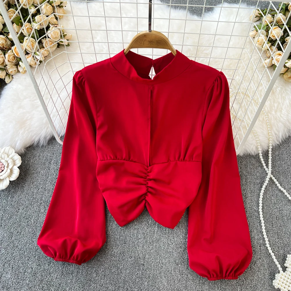 

Autumn New Korean Version Casual Stand-up Collar Bubble Long-sleeved Waist Pleated Shirt Women's Short Top