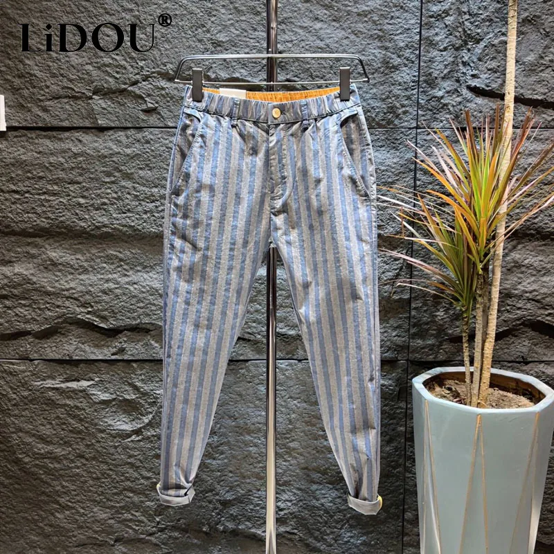 Spring Summer New Striped Fashion Elastic Waist Haren Pants Man High Street Button Zipper Pockets Thin Style All-match Trousers