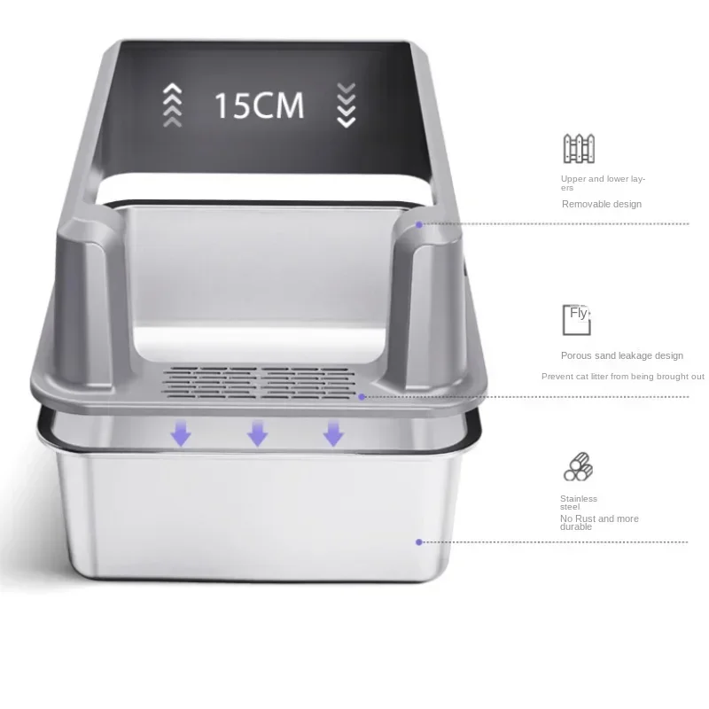 

Litter Box Oversized Stainless Steel Open Cat Toilet Anti-Splash Extra Large Cat Poop Basin Litter Box Enclosure Box