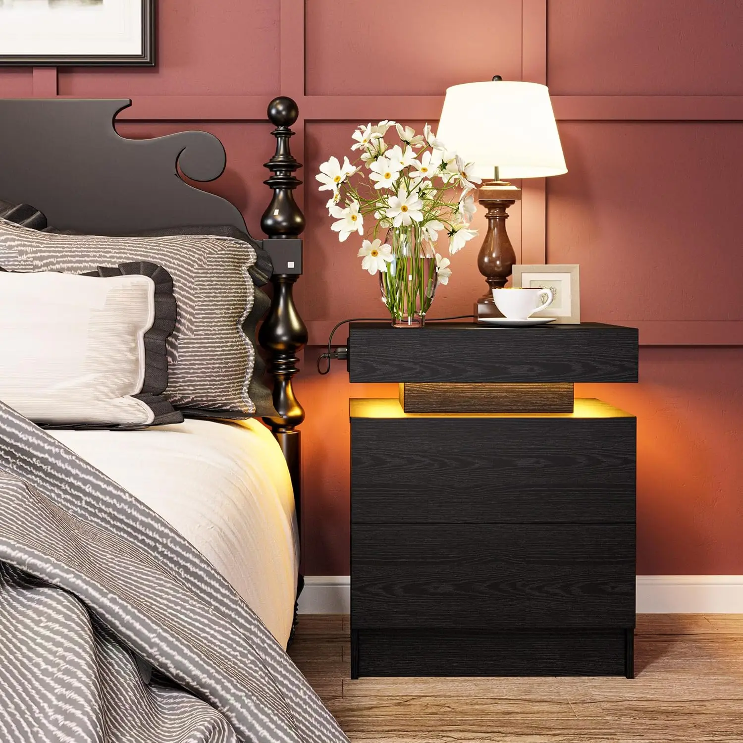 Side view of nightstand with LED light