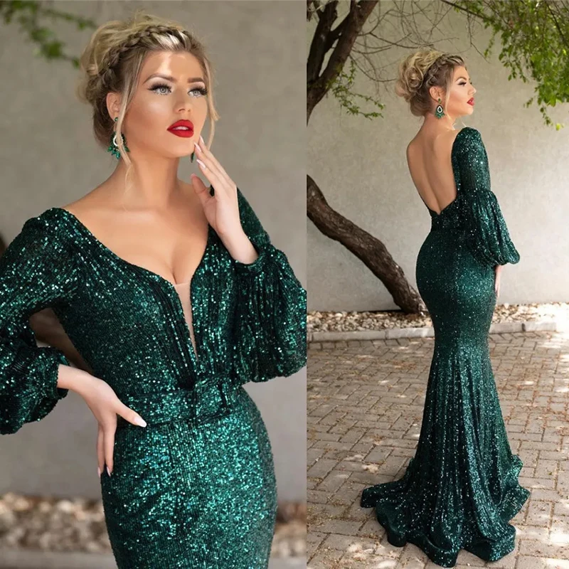 

Dark Green Sequins Mermaid Long Sleeves Backless Wedding Guest Evening Cocktail Prom Dresses for Bride Special Occasion