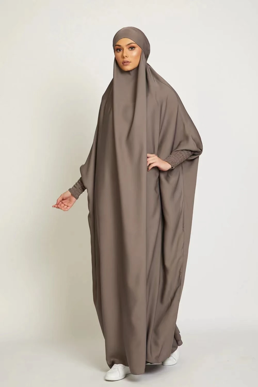 

Muslim Women Jilbab One-piece Prayer Dress Hooded Abaya Smocking Sleeve Dubai Saudi Black Robe Islamic Clothing Turkish Modesty
