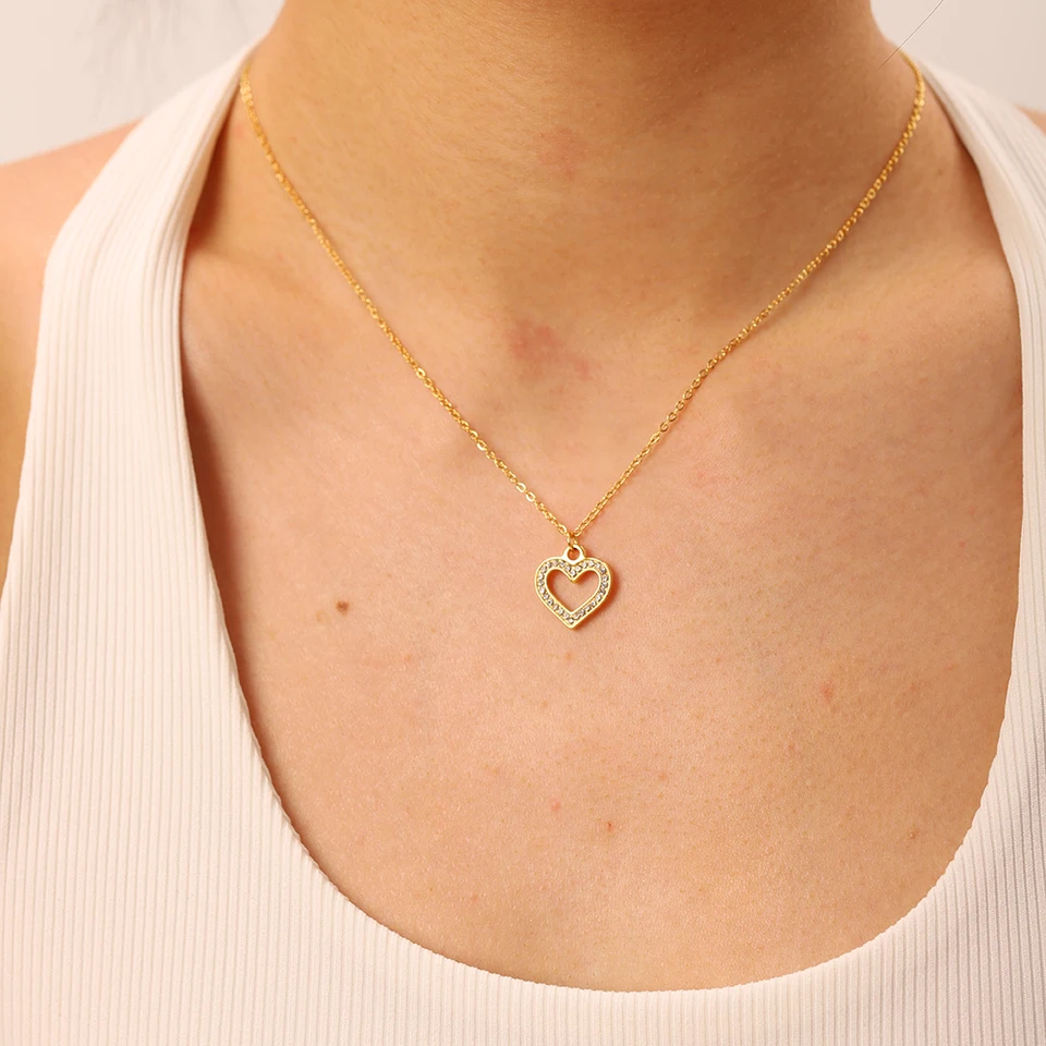 18K Gold Plated Heart Pendant Necklace With Crystals - Dainty Gift For Women