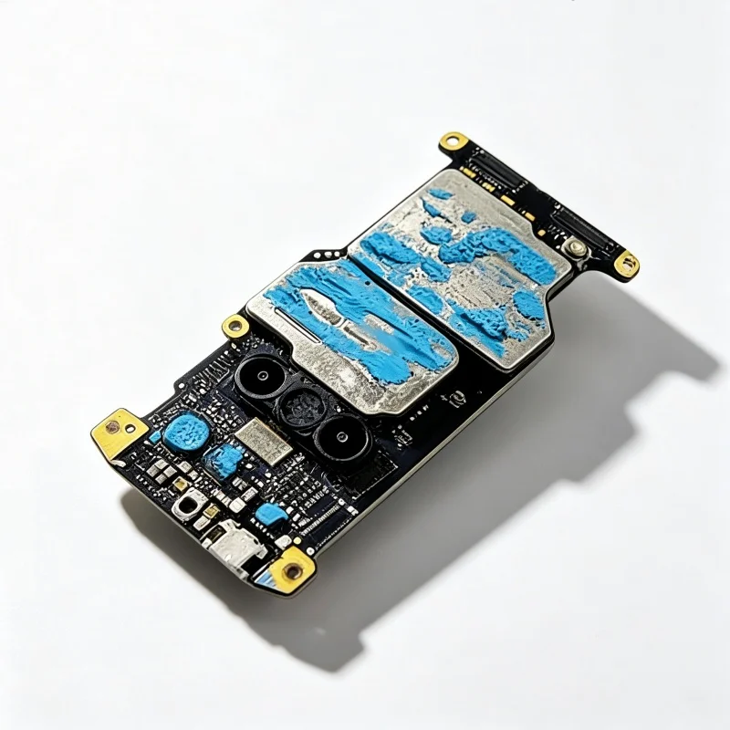 Gros plan sur la carte mère principale DJI Mini 2 d'origine, circuits imprimés et composants électroniques pour réparation.