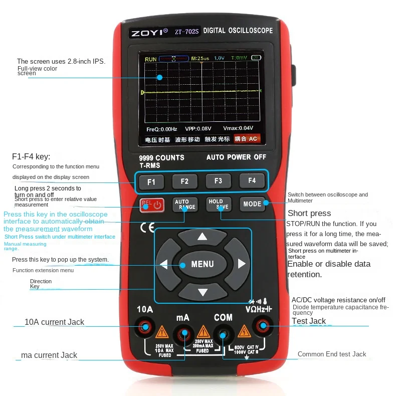ZOYI ZT702S Digital Multimeter Auto True RMS Tranistor Probe Multimetro Meter 48M/S 10MHZ PC Waveform Data Storage Oscilloscope 2