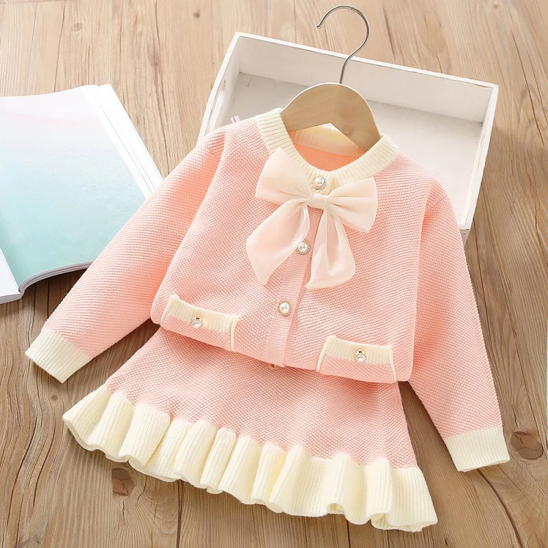 Autumn and Winter Children's Long sleeved Knitted Pants Warm Girls' Sweater Cardigan Knitted Top+Half Skirt Two Piece Set