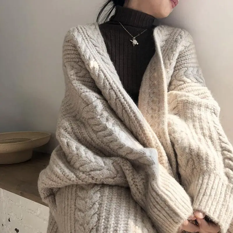 

2023 Women Autumn Winter New Knitting Cardigan Sweater Coat Wide Lazy Style Loose Outer Wear Thickened Length